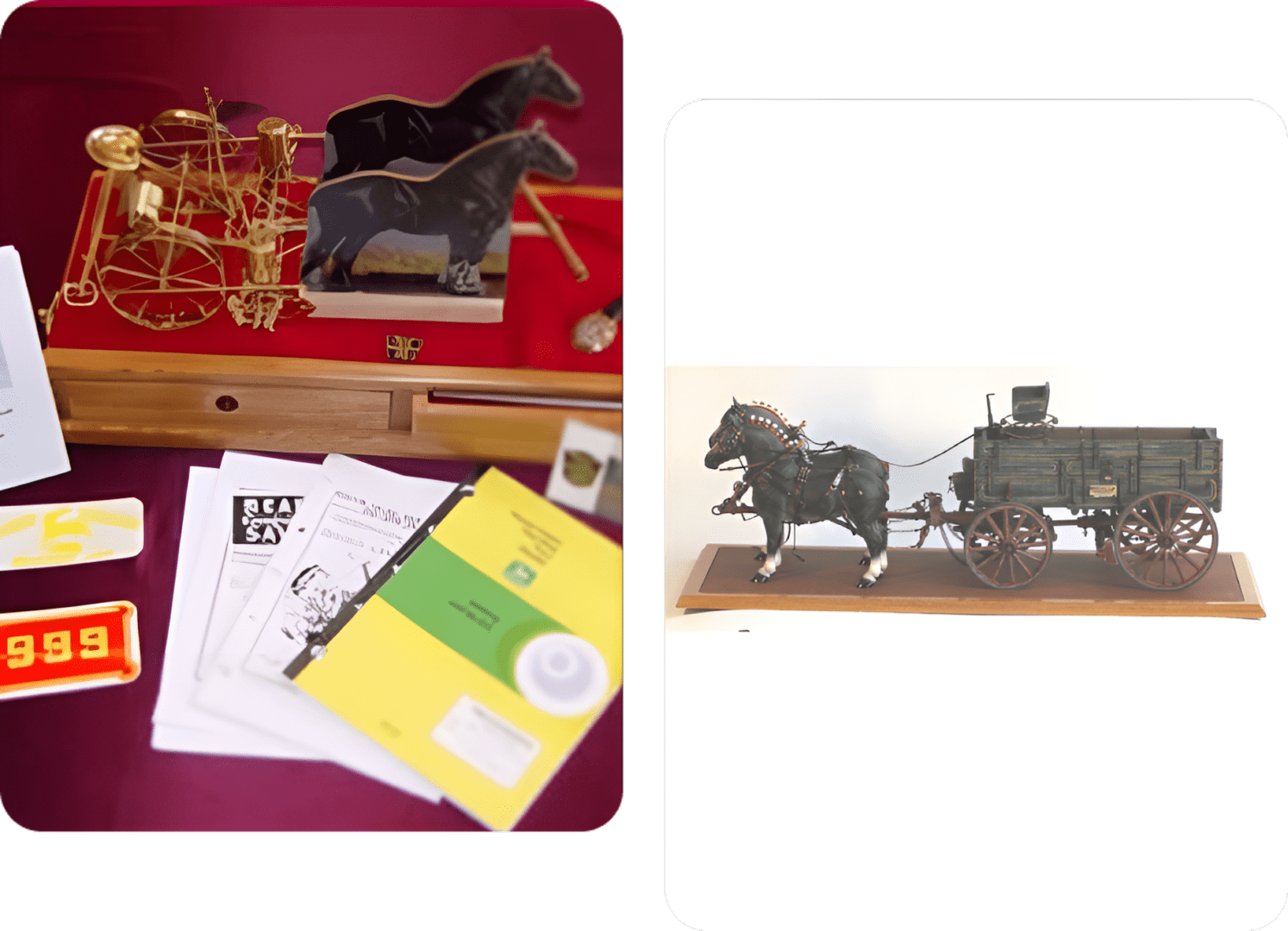 Model horse and carriage with related documents and packaging.