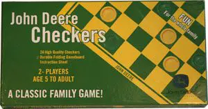 Vintage board game box for "Three Deere Checkers" with green and yellow design.