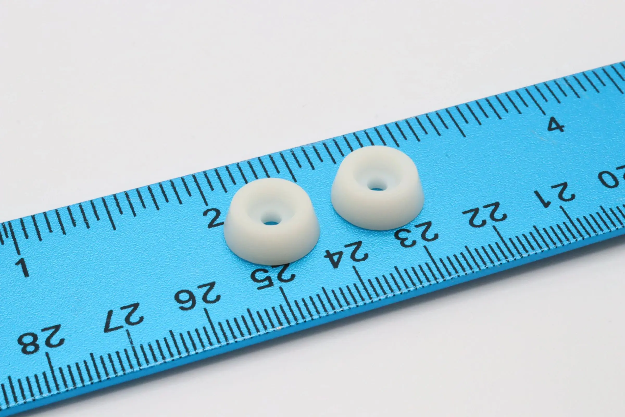 Two small white ring-shaped objects on a blue ruler.
