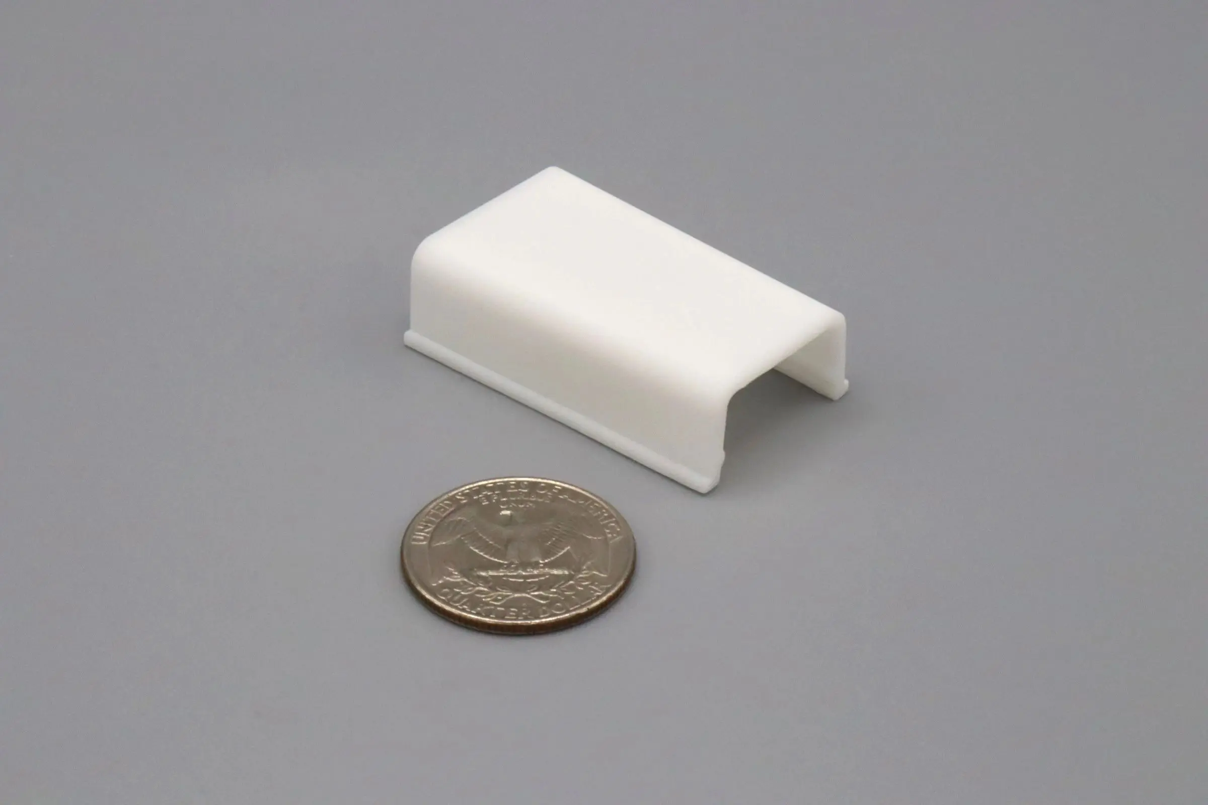 Small white plastic clip next to a quarter for scale.