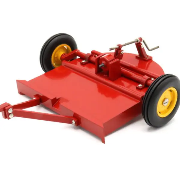 Red rotary mower attachment with yellow wheels.