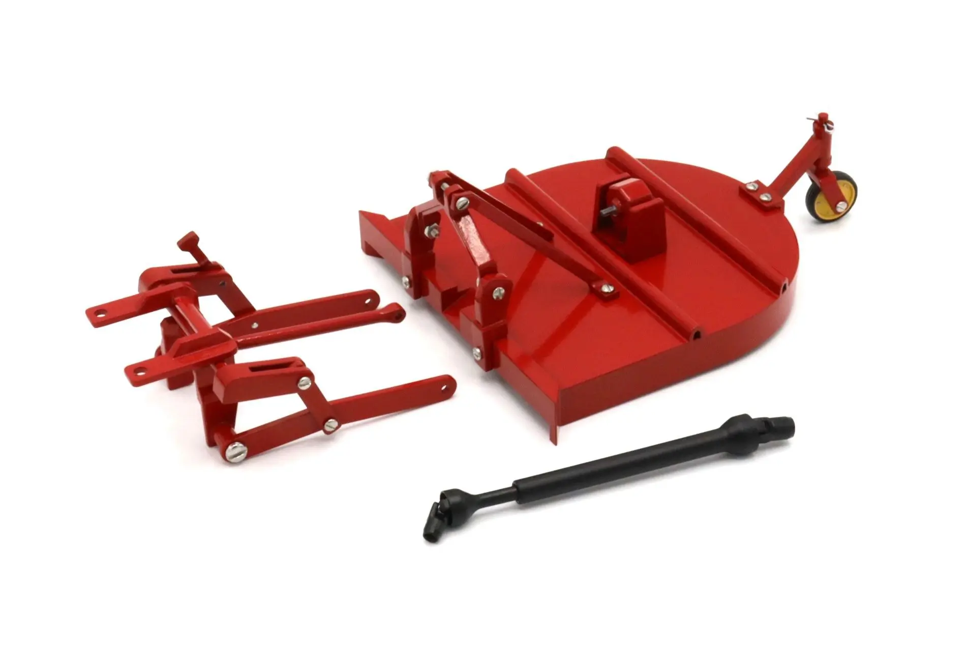 Red metal agricultural or lawn equipment attachment parts.