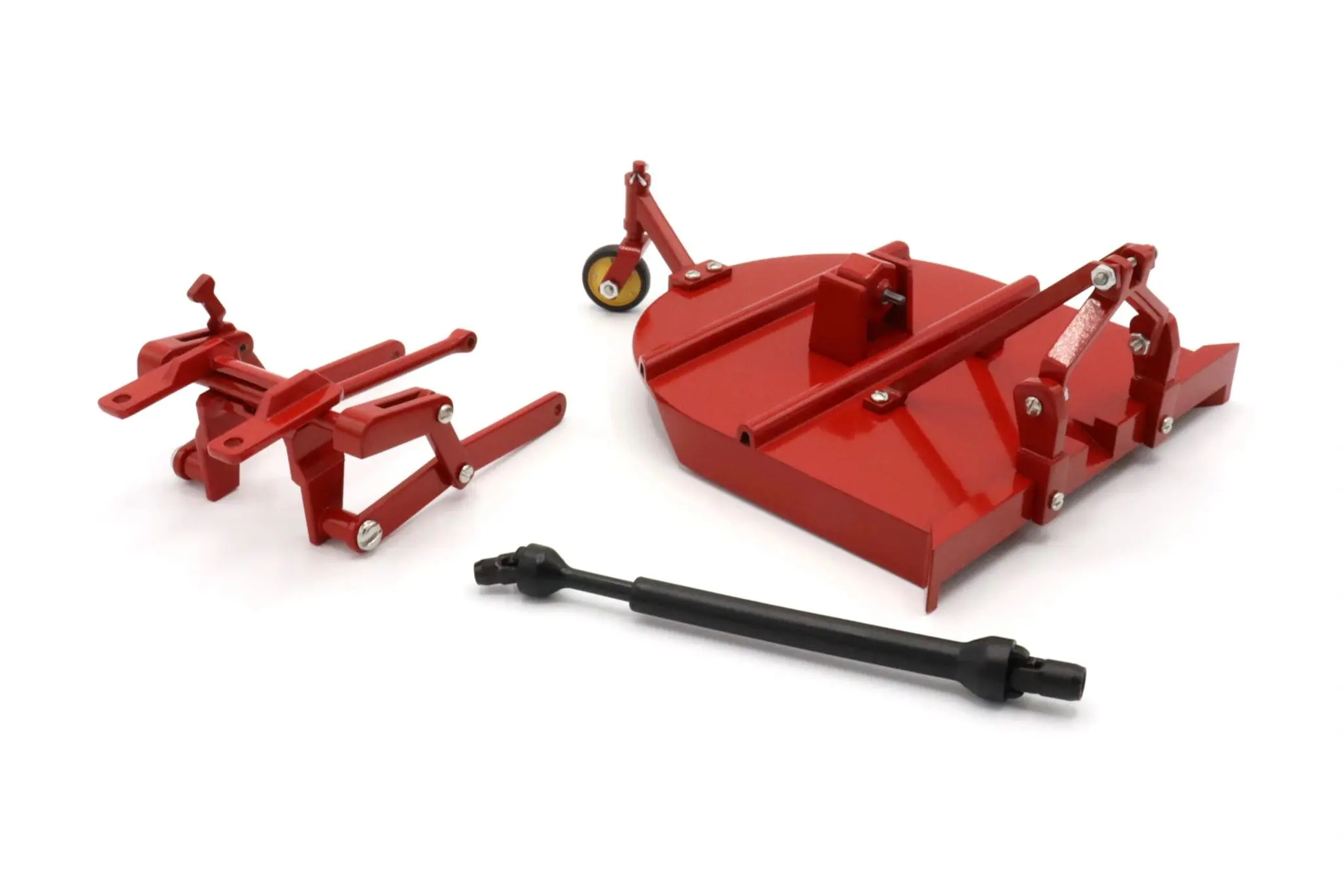 Red agricultural equipment parts on a white background.