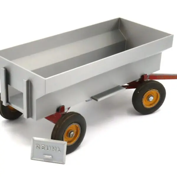 A gray toy wagon with orange and black wheels and a pull handle.