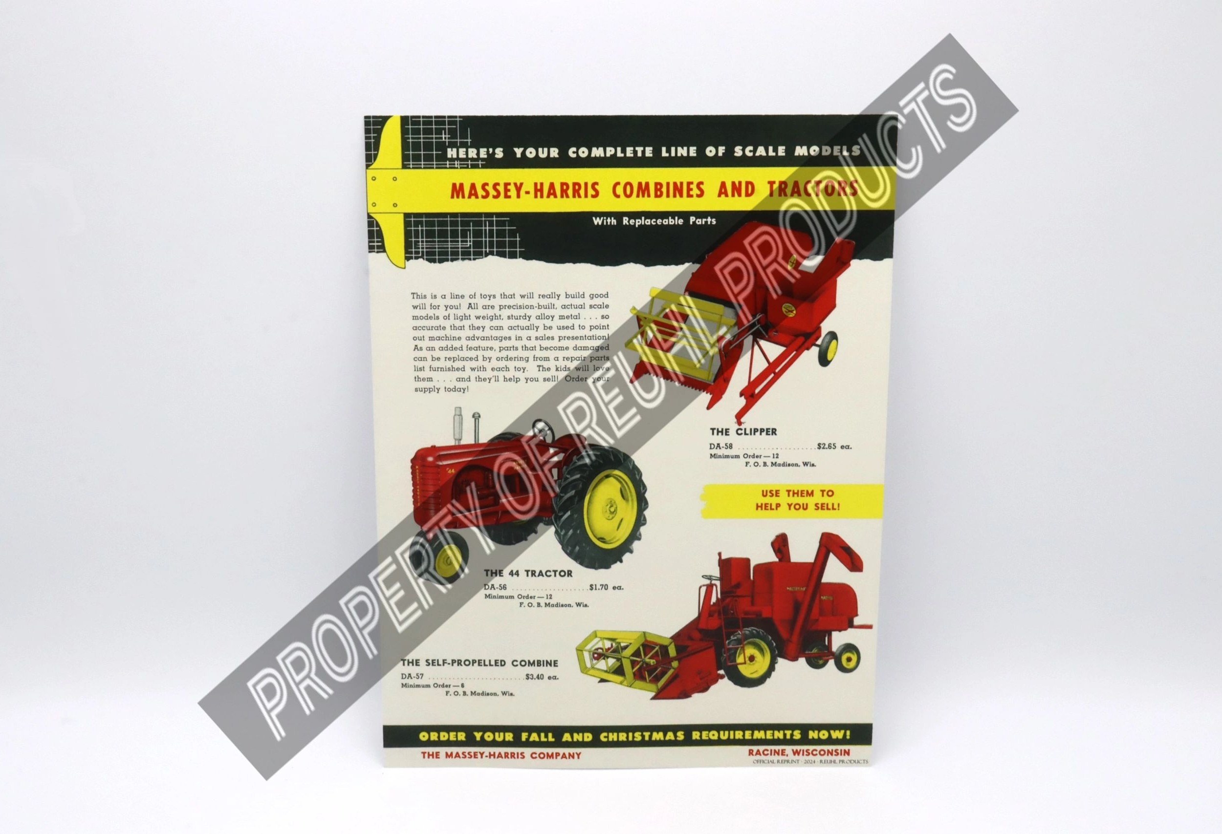 Vintage Massey-Harris combine and tractor advertisement with illustrations.