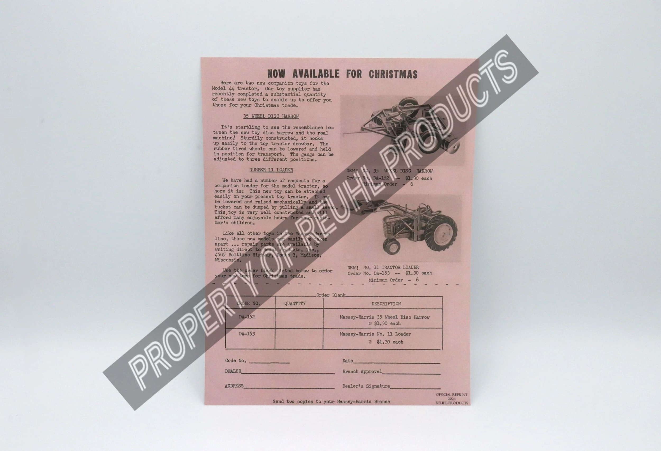 Vintage paper listing available JCB Christmas tree ornaments and order form.