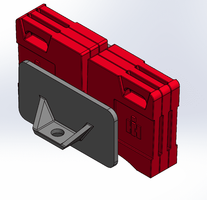 Red and gray 3D mechanical component design.