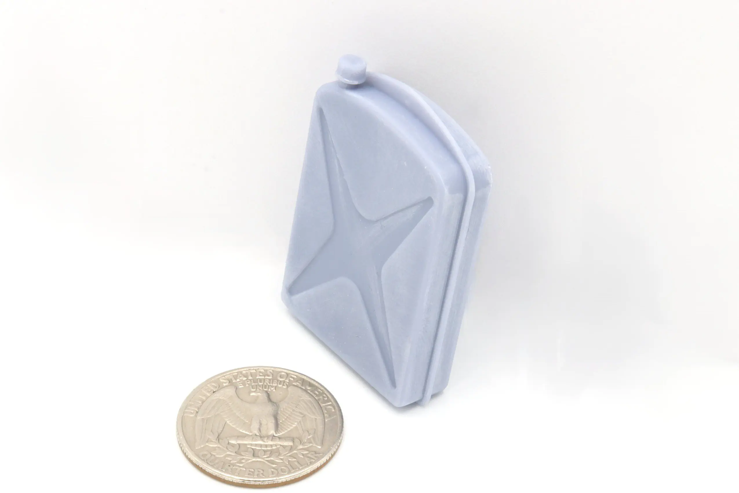 Small gray jerry can beside a coin.