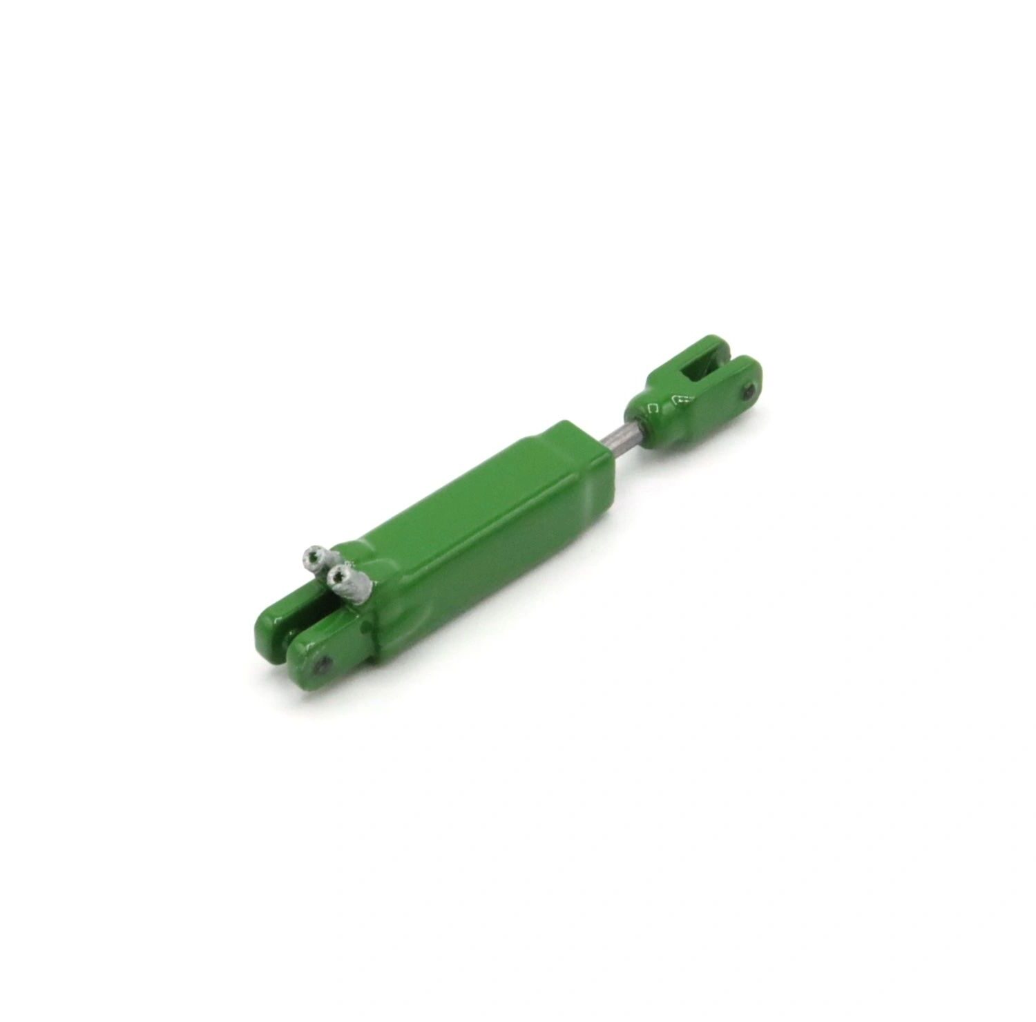 A green hydraulic cylinder with mounting brackets.